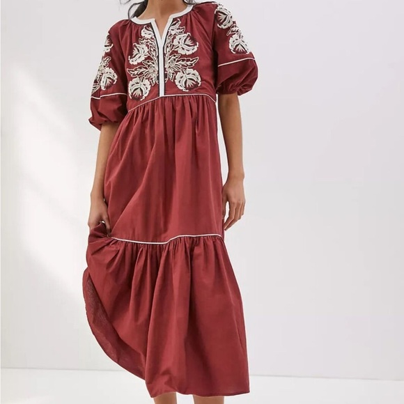 Anthropologie Gretel Embroidered Maxi Dress Maroon White XS NWT - Picture 1 of 7